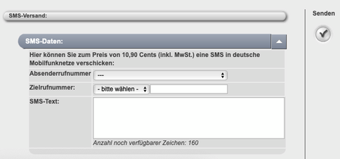 Online SMS-Versand im sipload Kundenbereich. Angabe Absenderrufnummer, Zielrufnummer, SMS-Text 160 Zeichen